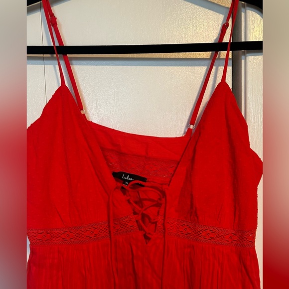 Out and About Bright Red Tiered Lace-Up Midi Dress - size XL - Picture 2 of 8